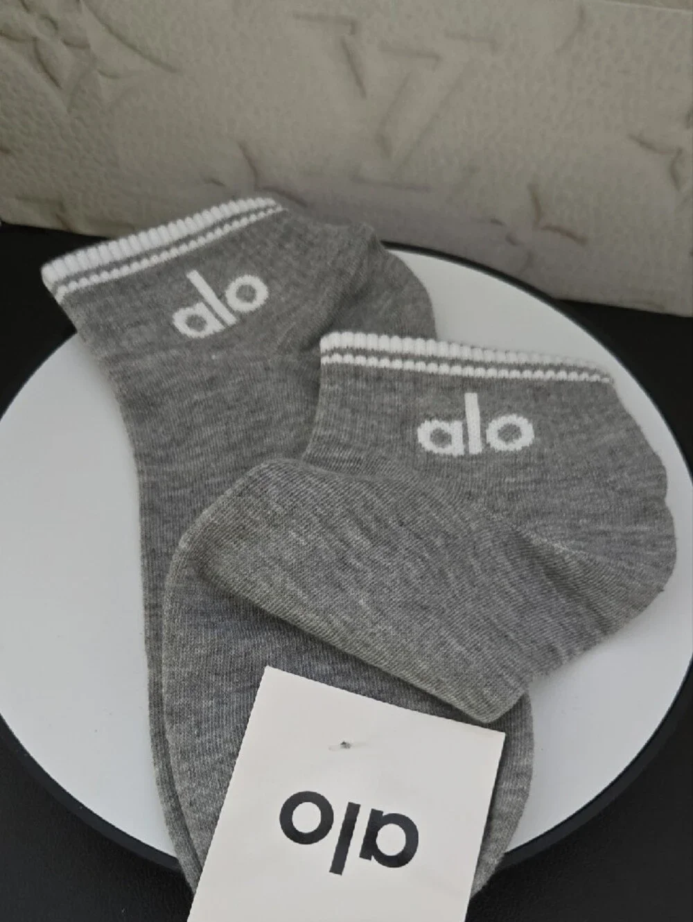 ALO Grey Athletic Ankle Socks with White Stripe